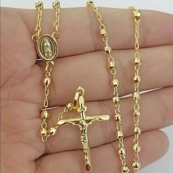 Real 14k Yellow Gold Diamond Cut Rosary - Picture 3 of 3